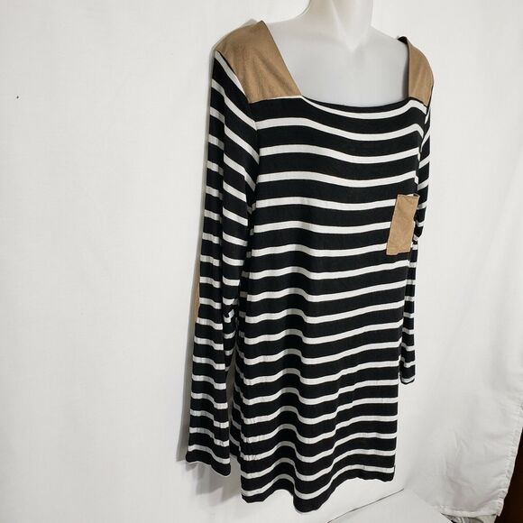 First Look Womens Tunic Top Large Black White Striped Knit Elbow Patches Pocket - Picture 4 of 9